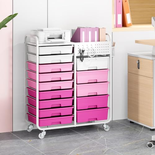 14 Drawer Rolling Storage Cart with Tabletop and Pegboard for Crafts Pink