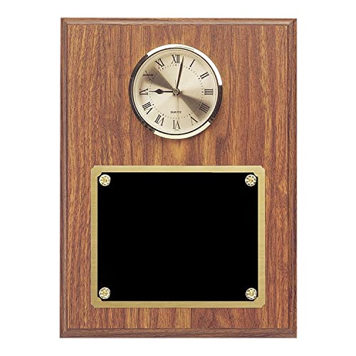 SHOP AWARDS AND GIFTS Customizable 9 x 12 Inch Genuine Walnut Custom Plaque Award Trophy Personalized, Engravable with Gold Clock and Engraving Plate
