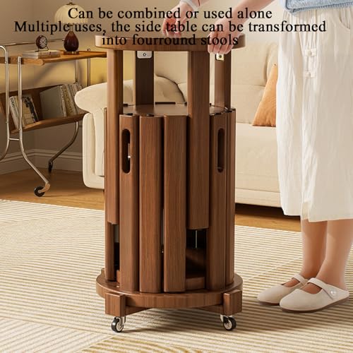 Acivirdde Solid Wood Side Table with Wheels, Round Stacking Stool Set, Multifunctional Combination Table and Chairs (Walnut)