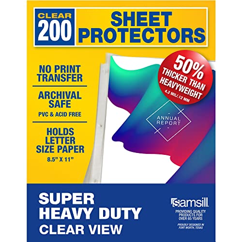 Samsill Sheet Protectors, 8.5x11 Inch Page Protectors for 3 Ring Binder, Super Heavy Duty, Clear Page Protector, Letter Size, Top Loading, Acid Free, 200 Pack
