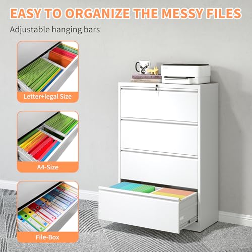 NUPczxg 4 Drawer Lockable Vertical Filing Cabinet, Modern Metal File Cabinets with Lock for Home Office, Heavy Duty Storage for Letter/Legal/A4 Size, White
