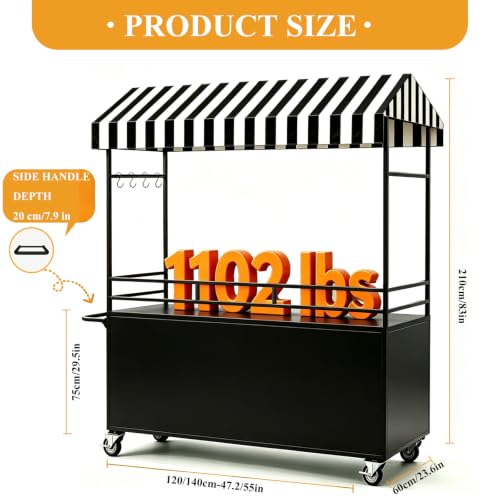 55in Portable Vendor Cart with Canopy and Lockable Wheels (Black)