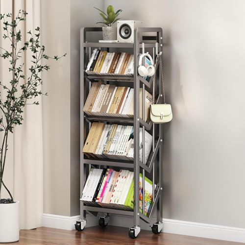 Multi-Layer Rolling Book Cart, Movable Bookshelf, L-Shaped Carbon Steel Mobile Book Carts with Wheels for Library, Office, Living Room, Bedroom, Classroom