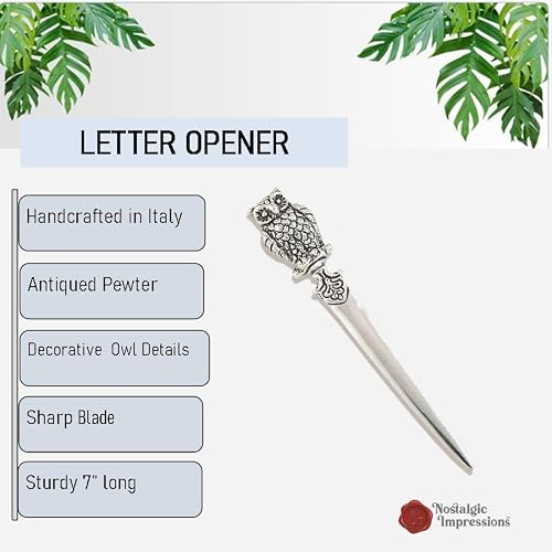 Owl Letter Opener – Handcrafted in Italy Antiqued Metal Paper Knife – 7" Vintage Antique Desk Accessory Gift for Book & Magic Lovers