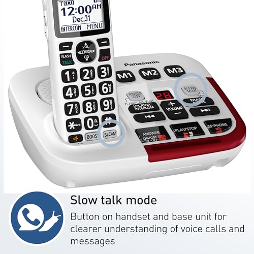 Panasonic Cordless Phone, 1 Handset Amplified Wireless Phone with Slow Talk, 40dB Volume Boost, 100dB Loud Visual Ringer, Hearing Aid Compatibility, Large Screen & Backlit Keypad - KX-TGM420W (White)