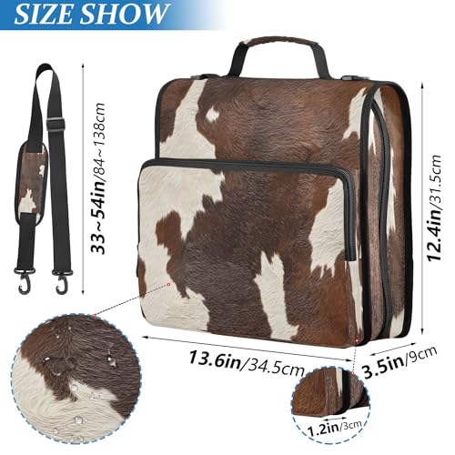 FJDENG Cow Print Waterproof 13" Binder Bag Organizer with Expandable Storage,3-Ring Zipper Binder with Shoulder Strap for School & Office