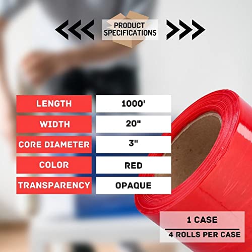 PSBM 4 Rolls Red 20 Inch x 1000 Feet 80 Gauge Stretch Film/Wrap, Heavy Duty Industrial Strength Shrink/Plastic Wrap for Moving, Packing, Shipping, Pallet Wrapping & Storage