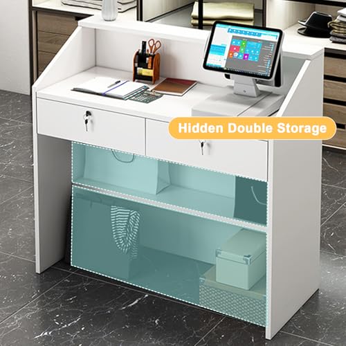 Walisk Reception Desk Retail Counter with Lockable Drawer and Open Shelves, Modern Style, Brown Walnut Finish, Rectangular Shape, Floor Mount, 60x38x92cm (LxWxH), Office Use