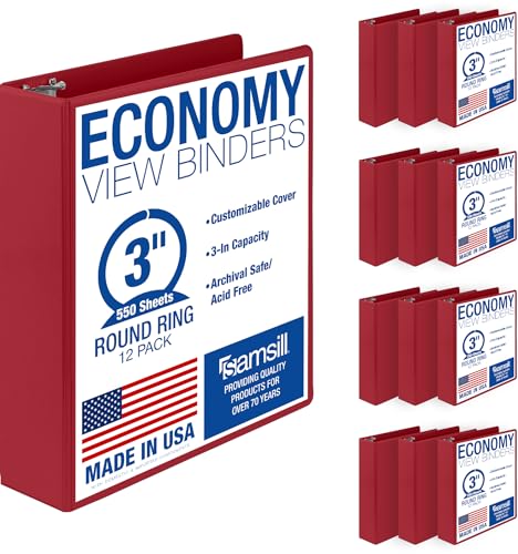 Samsill 3 Inch 3 Ring Binders, Economy Round Ring, Clear View Cover, 550 Sheet Capacity - for School, Home, Office - Red, 12 Pack