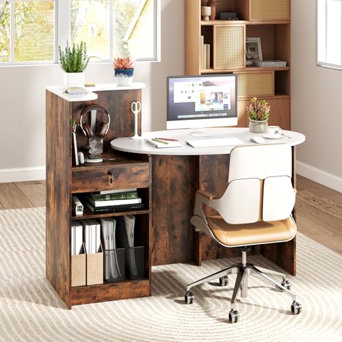 SILKYDRY Reception Desk, 54" Large Retail Checkout Counter with Lockable Drawer and Open Shelves, Wooden Front Desk Reception Counter, Oval Desktop & L Counter for Store Office Lobby Salon