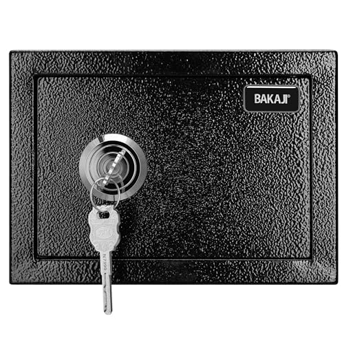BAKAJI Steel Security Safe with Double Lock Key, Mechanical Anti-Burglary, Fire Resistant with 2 Bolts for Wall Fixing, 23 x 17 x 17.3 cm