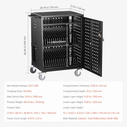 VEVOR Charging Cart, 36-Bay Mobile Charging Station, Max 15.6" Screen Size