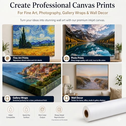 Premium Cotton Matte Canvas Roll, Quick Dry, Wide Format Inkjet Printer Compatible, Perfect for Fine Art, Photography, Giclée Printing, Archival Quality Prints. (36'' x 60' 420gsm Poly-Cotton)