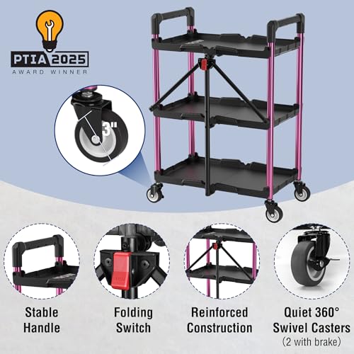 WORKPRO 3-Tier Collapsible Utility Cart, 210 LBS Cart with Wheels