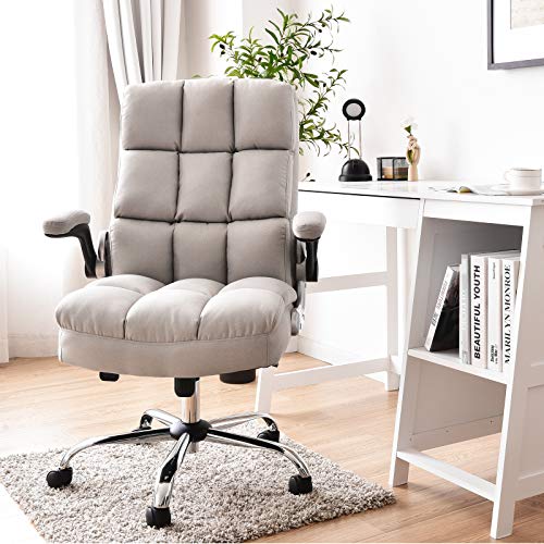 GIANTEX Executive Office Chair, Big and Tall Ergonomic Computer Chair, Adjustable Tilt Angle and Flip-up Armrest Linen Fabric Upholstered Chair with Thick Padding, High Back Managerial Chair (Beige)