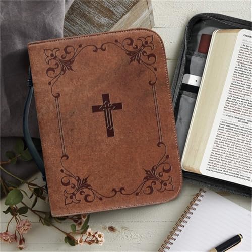 Women's Bible Cover-Premium PU Leather Portable Case with Handle Zippered Pocket, Standard Size and Bible Accessories, for Church/Devotion/Study-Ideal Christian Gift(E,12in)