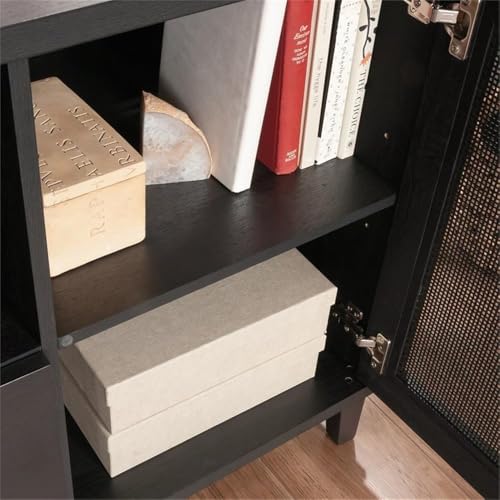 Pemberly Row Contemporary Engineered Wood Large Credenza, Raven Oak Finish, 29.76" H x 65.98" W x 20" D, File Drawer, Adjustable Shelves, Rattan Doors, Open Shelf, Cord Management, Home Office
