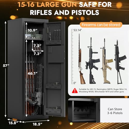 KAER Biometric Gun Safes for Rifles and Pistols Can Storage 15-16 Firearms with Adjustable Pistol Cabinets &Stocks Gun Safe with Fingerprint Lock Silent Alarm Mode