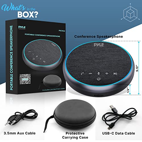 Pyle Portable Conference Speakerphone, Multifunctional Wireless BT Speaker Phone with USB C and Aux Cable, 10m Omnidirectional Microphone Coverage, Ideal for Home and Office Use