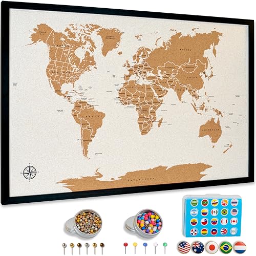 World Map Pin Board Large 30"x20" Framed | Cork Wall Map with Country Flags, Metallic & Colored Pins | World Travel Map with Pins | Unique Push Pin Map Gift for Travelers, Couples & Families.