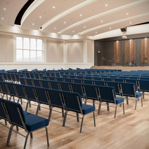 BizChair 21"W Stacking Church Chair in Navy Blue Fabric - Silver Vein Frame