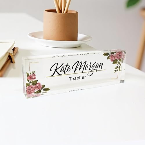 Personalized Teacher Desk Name Plate – Custom Floral Acrylic Name Sign, Printed Clear Glass Block for Office or Classroom, Unique Teacher Gift, Elegant Desk Decor for Women, 8"x2.5"
