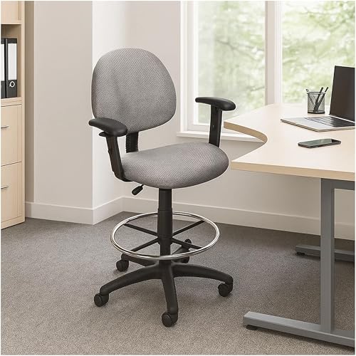 Benzara Jea Drafting Stool Chair, Adjustable, Gray Tweed, Round Footring