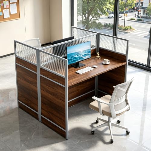 CUFEFi Office Cubicle Desk, Modular Workstation with Privacy Panels, Durable Work Surface and Built-in Cable Management, for Startups, Call Centers and Professional Offices (Walnut, 2Person-47.2in)