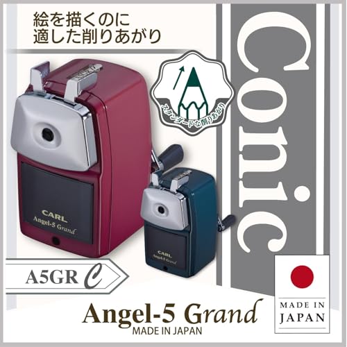Carl Office Instrument Angel 5 Gran Konic, Red, Tabletop Manual Pencil Sharpener, Adjustable Tip, Made in Japan A5GRC-R