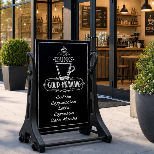 24 x 36 Inch Rolling Swinging Changeable Message Sidewalk Sign, Black, Plastic Storefront Display Sign, Outdoor Business Advertising Board