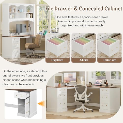 roomfitters L Shaped Computer Desk with Arched Hutch, Farmhouse Corner Writing Workstation Dual Charging Station, White