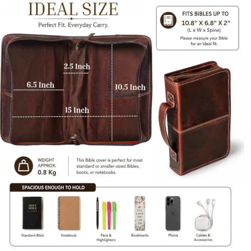 Vintage Crafts Bible Cover Book Cover Planner Cover with Handle and Back Pocket (Medium, Dark Brown Leather, Zipper Closure)
