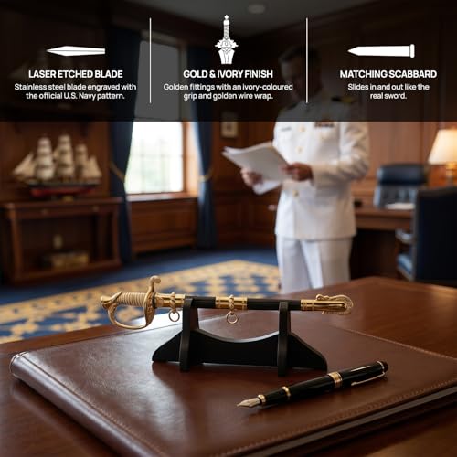 Glendale Parade Store Navy Officer Sword Letter Opener, Miniature Ceremonial Sword Replica, Laser Etched Stainless Steel Blade, Scabbard & Wood Display Stand, Military Desk Accessory, Veteran Gift