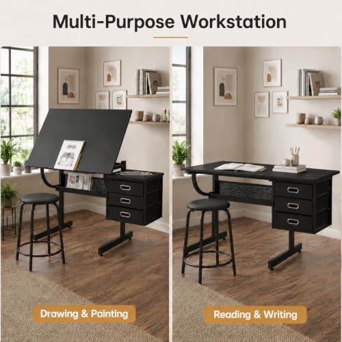 Beuiosda Drafting Table with Stool, 3 Storage Drawers, Black