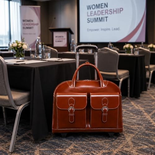 McKlein DAVIS, Top Grain Cowhide Leather, 15" Leather Vertical Wheeled Ladies' Laptop/Computer & Tablet Business Briefcase Bag/Women's Rolling Overnight Travel Bag, Removable trolley case