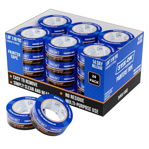 STIX-ON Painters Tape 2 Inch Wide, 24 Roll Painting Tape Blue Masking Tape for Painting Walls, DIY, Surface-Safe & Residue-Free, Edge Paint, 1.88 Inch X 60 Yards X 24 Rolls, Bulk