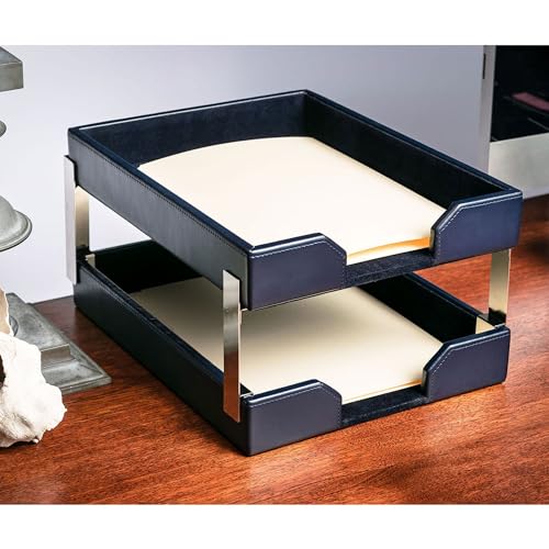 Dacasso Navy Blue Bonded Leather Front-Load Double Letter Tray Set w/Silver Stacking Posts - Luxury Executive Décor and Office Essential - Desk Surface Protector