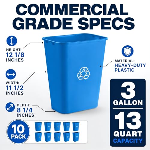 Zedfire 10 Pack, Recycle Wastebasket, 13 Qt. / 3 Gallon Rectangular Wastebasket/Trash Can Kit - Compact Recycling Bin, Slim Design for Business, Kitchen, Household, Workplace, and Dormitory - Blue