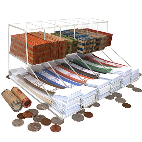 Nadex Acrylic Bills and Coins Wrappers Tray - Includes Compartment Rack Tray with 110 Pcs Bill Wrapper Straps and 110 Pcs Coin Wrappers (Clear)