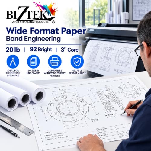 BIZTEK Wide Format Paper 24" x 500' Rolls Bond Engineering (20lb | 2 Rolls, 24 In x 500 Ft | 3" Core)