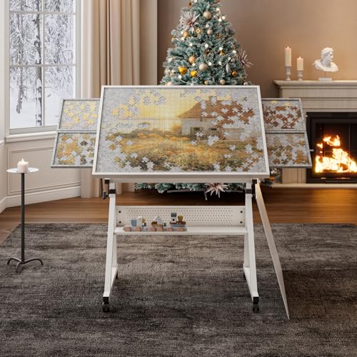 Japovker Drafting Table Art Table on Wheels with Storage & 4 Side Trays - Adjustable Drawing Table Tilted Tabletop, Crafting Desk with Storage for Artist Painters Home Office (White C)