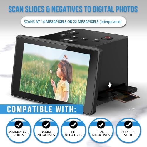 eyesen Digital Film Scanner, Slide & Negative Scanner with 5"" LCD Screen, Converts Color & B&W Negatives & Slides 35mm, 135/110 Films, Super 8 Slides to 22MP JPEG Digital Photos, Grey