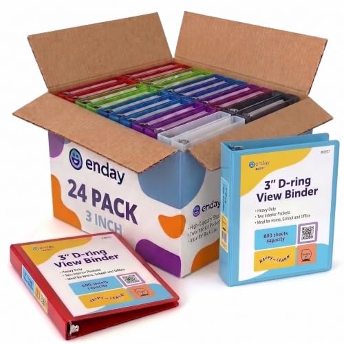 Enday 3 Inch Bulk 24-Pack Mix 3 Ring Binder Clear View Presentation Binder Assorted colors multi-pack 3-ring presentation view binder with pockets Heavy duty bulk supplies for school & office folders.