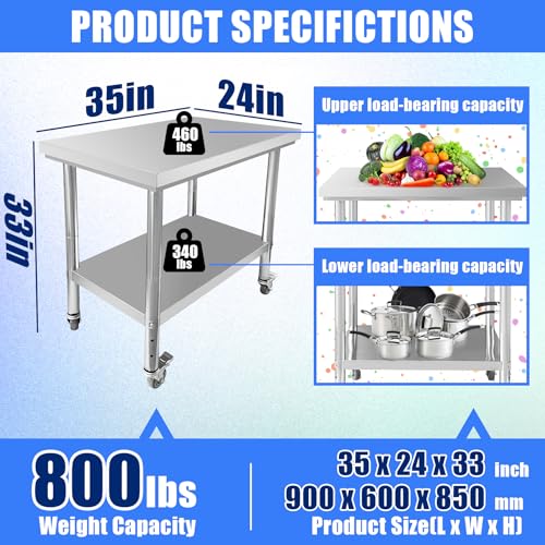 Srehloe Stainless Steel Work Table with 4 Wheels 35 x 24 x 33 Inch Adjustable Metal Commercial Prep Workstation 2-Tier Heavy Duty Mobile Work Station Suitable for Kitchen Restaurant Hotel Garage