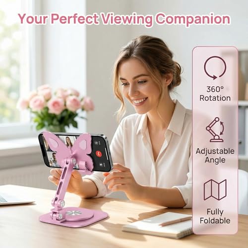 EYDHCN Butterfly Phone Stand 360° Rotating Adjustable Aluminum Desktop Holder for All Smartphones Foldable Portable Stand Design Foldable Dock for Home Office Travel (Blue)