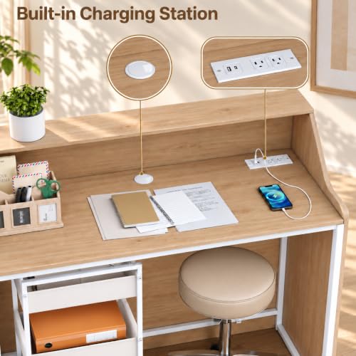 Zevemomo Front Desk Reception Counter with Rolling Cart, Natural+White