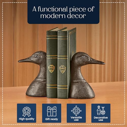 Decoronix Decorative Distressed Cast Metal Duck Head Bookends - Heavy Duty Book Stopper for Shelves, Cute Novelty Book Holder - Rustic Vintage Home Office Organizer Set of 2