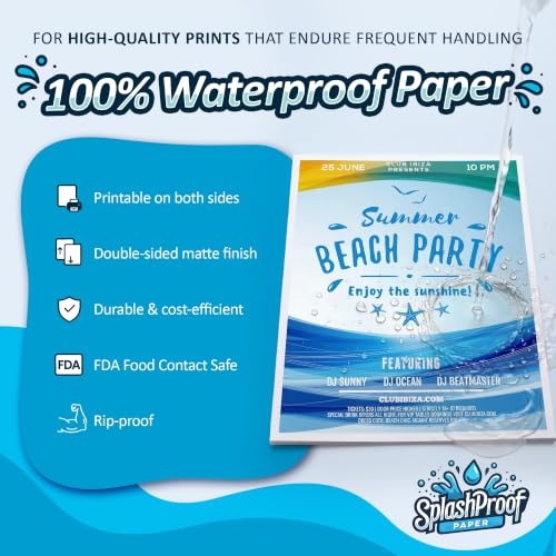 SplashProof Printer Paper - 8.5" x 11", 10 Mil Thick Waterproof Paper, Laser Printer & Copy Machine Compatible (500 Sheets)