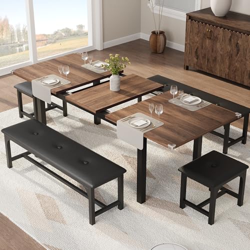 TrailBlaze Space-Saving Extendable Office Desk Set – 5-Piece Modern 63" Table, Upholstered Benches & Stools, Waterproof Mark-Resistant MDF, Metal Frame – Walnut Plate & Black Iron Frame