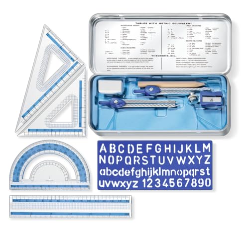STAEDTLER Geometry Set in Metal Case - 20 Piece Drawing Set with Compass and Accessories - School Set with Ruler, Triangles and Stencil - Complete Math Set for Precise Work